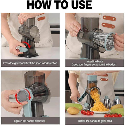 3-in-1 Rotary Grater & Slicer | Manual Vegetable Shredder for Cheese, Carrots, etc - PRO COOK GEAR